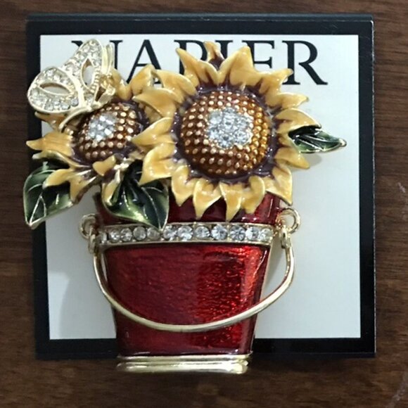 NAPIER Pail of Sunflowers Gold Multicolor Enamel Clear Crystals Brooch Pin**NEW! - Picture 2 of 2